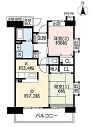 UR都市機構コンフォール鶴瀬3号棟 2DKの間取図画像