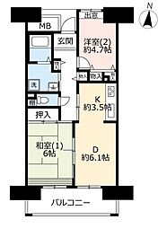 UR都市機構コンフォール霞ケ丘8号棟 2DKの間取図画像