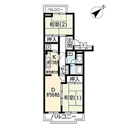 UR都市機構かわつるグリーンタウン松ケ丘1号棟 2DKの間取図画像