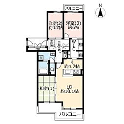 UR都市機構かわつるグリーンタウン松ケ丘1号棟 3LDKの間取図画像