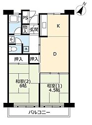 UR都市機構所沢パークタウン並木通り3号棟 2DKの間取図画像