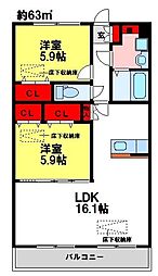 ルネスラシェーズII 3階2LDKの間取り