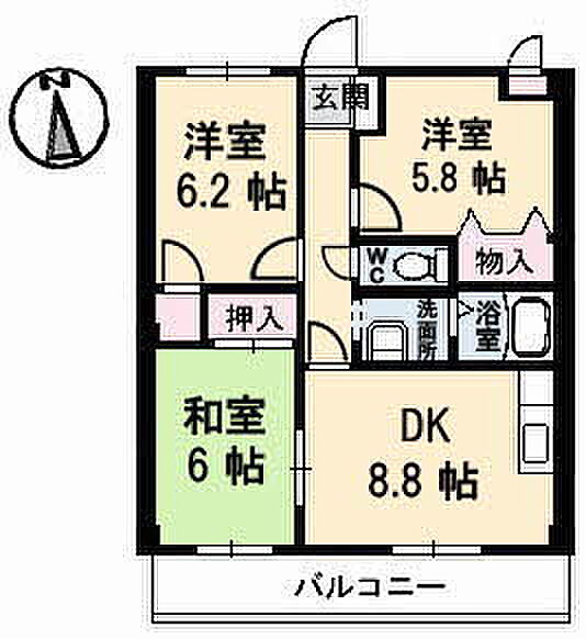 香川県高松市木太町(賃貸マンション3DK・3階・59.76㎡)の写真 その4