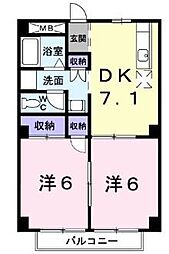 パルネット磯野 2階2DKの間取り