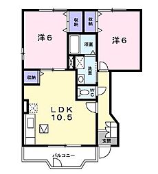 プリムヴェールA棟 2LDKの間取図画像