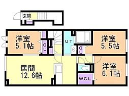 バス 名士バス16線下車 徒歩4分の賃貸アパート 2階3LDKの間取り