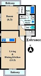 プレミール 1LDKの間取図画像