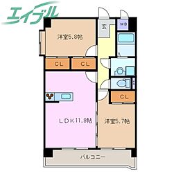 プリリアンスTAKEKOSHI 2LDKの間取図画像