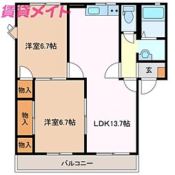 カーサ江島D 2LDKの間取図画像