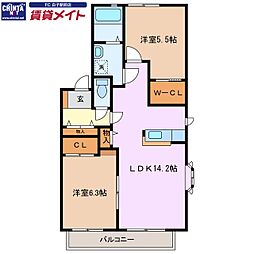 セントマリナーズクレドールA棟 2LDKの間取図画像