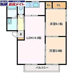 セントマリナーズクレドールR棟 2LDKの間取図画像