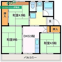 ビレッジハウス船江1号棟 3Kの間取図画像