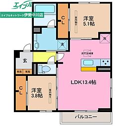 プレジール 2LDKの間取図画像