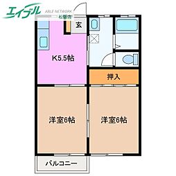 ハイツリープライツA 2DKの間取図画像