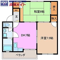 レーベンハイツ中部 2DKの間取図画像