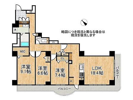 WICあり収納力が豊富で機能的な3LDKタイプの間取りです
