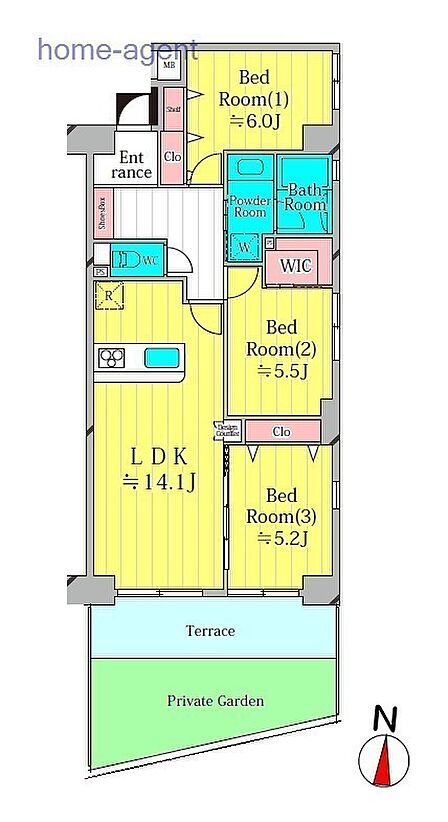 3LDK　南・東向きの角住戸