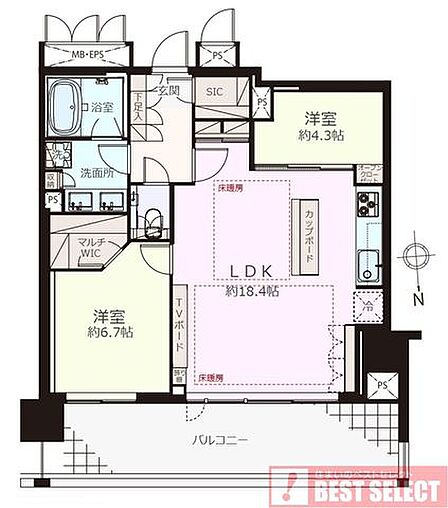 *採光・通風・眺望良好な13階部分の北向き2LDK+WIC+SIC*
