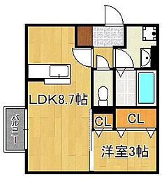 D-ROOM桜本城 1LDKの間取図画像