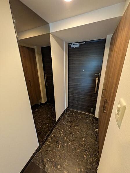 壁付けのミラーで広さを感じられる玄関。収納も豊富です。