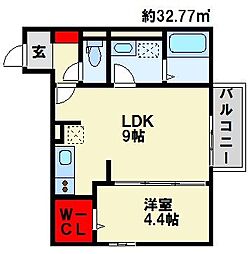 ソレールヴィラII C棟 2階1LDKの間取り