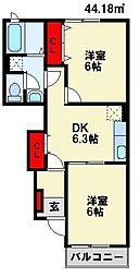 JR筑豊本線 折尾駅 6.4kmの賃貸アパート 1階2DKの間取り