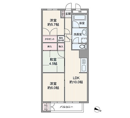 間取り図。3階建ての1階部分、北東向きのため通風良好です!60.41?の3LDKのお部屋です。