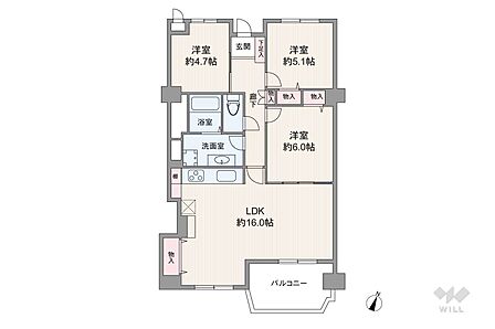 間取りは専有面積70.02平米の3LDK。LDK約16帖の横長リビングのプラン。バルコニー面積は9.02平米です。