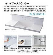 バックガードがミラー下まであり洗面ボウルと一体成形になったキレイアップカウンター。つなぎ目などの凹凸がなく、飛び散った水滴をサッと拭き取れます。しかも洗面容量は16Lの大容量。