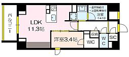 ロイヤルパークヒルズ上町 1LDKの間取図画像