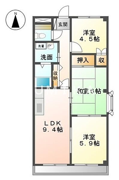 パストラル南町 ｜岡山県岡山市北区平田(賃貸マンション3DK・3階・58.32㎡)の写真 その2