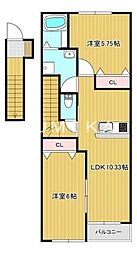 アイタウン庭瀬B棟 2LDKの間取図画像