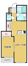 アイタウン庭瀬D棟 1LDKの間取図画像