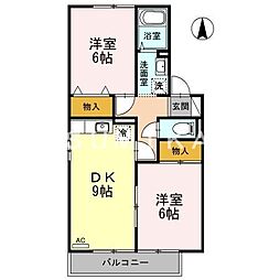 リトルバード津高B棟 2DKの間取図画像