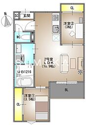 岡山市北区富田アパート 2LDKの間取図画像