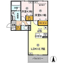 シャンポールさい D棟 2LDKの間取図画像