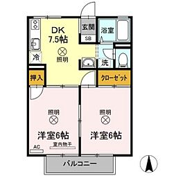プレジール矢杉 2DKの間取図画像