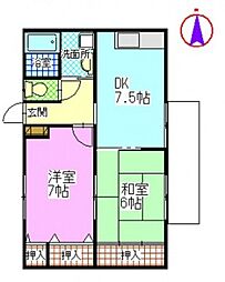 マスカット 2階2DKの間取り