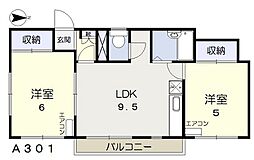 サンライズ富 3階2LDKの間取り