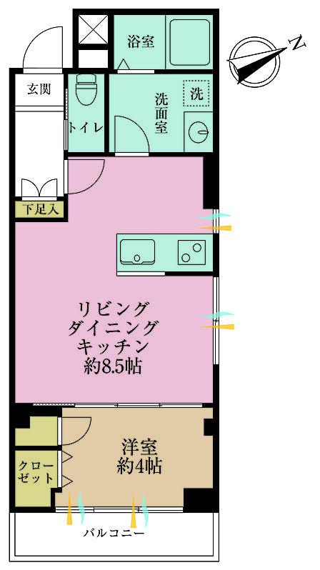 1LDK、専有面積36.54m2、バルコニー面積2.74m2