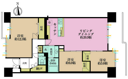 3LDK、専有面積98.14m2、バルコニー面積16.69m2