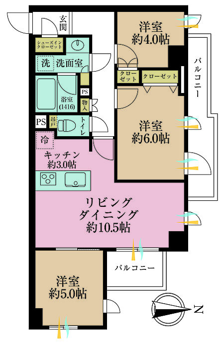 3LDK、専有面積65.57m2、バルコニー面積7.19m2