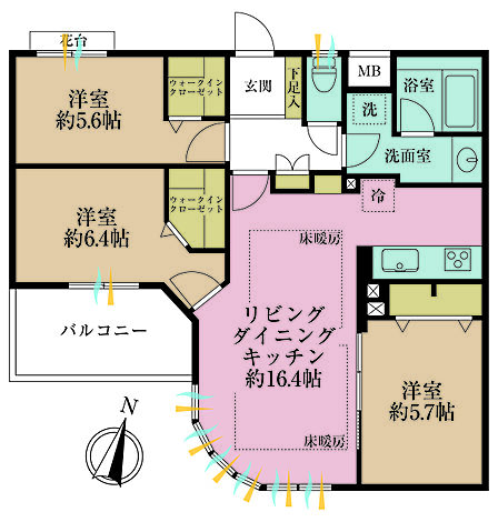 3LDK、専有面積76.26m2、バルコニー面積5.55m2