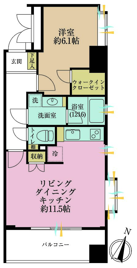 1LDK、専有面積44.1m2、バルコニー面積8.64m2