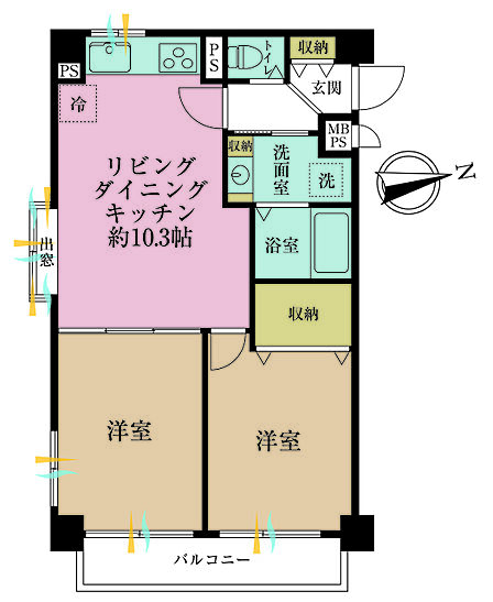 2LDK、専有面積48.6m2、バルコニー面積4.37m2