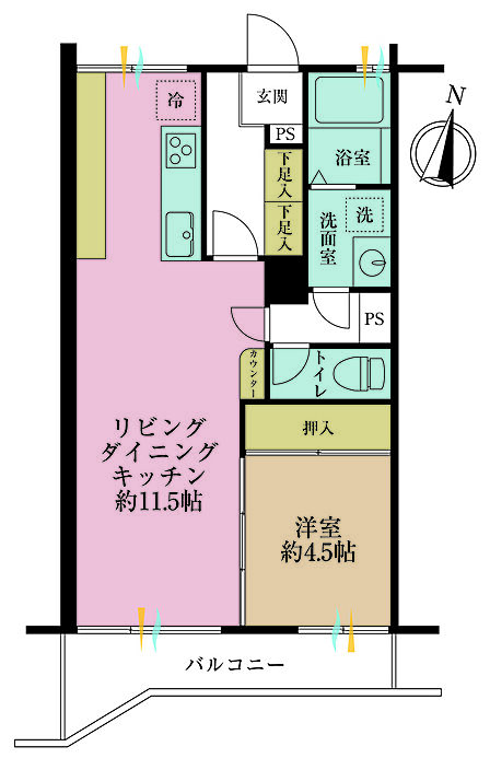 1LDK、専有面積41.48m2、バルコニー面積7.29m2