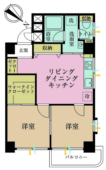 2LDK、専有面積42.51m2、バルコニー面積3.27m2
