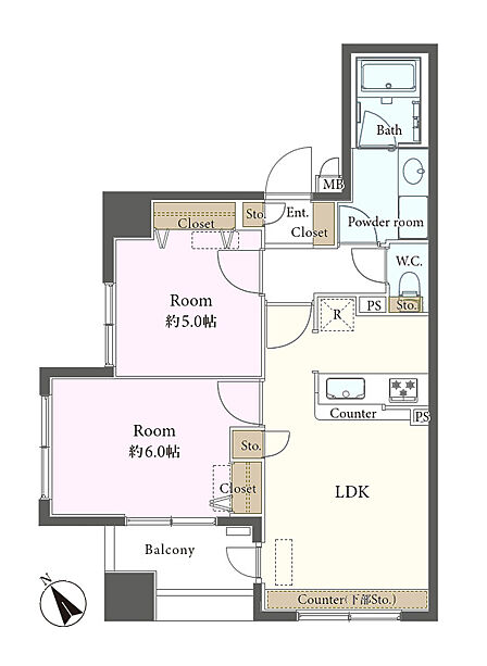 2LDK、専有面積51.61m2、バルコニー面積5m2