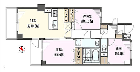 3LDK、専有面積58.71m2、バルコニー面積6.84m2