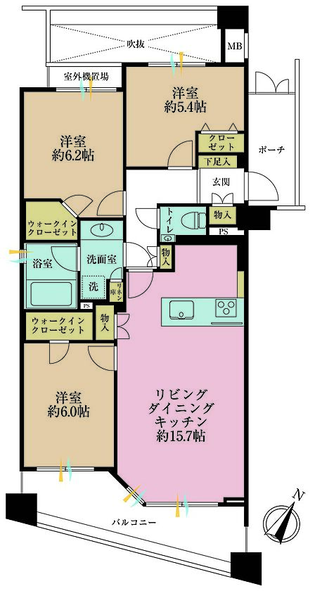 3LDK、専有面積75m2、バルコニー面積11.04m2